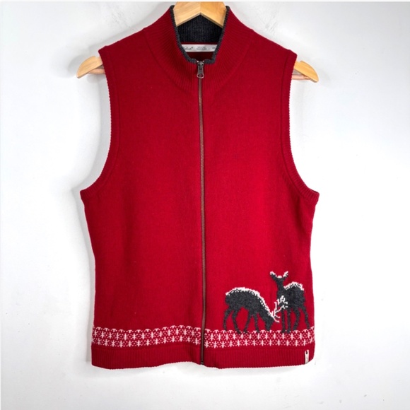 VTG Woolrich Christmas Sweater Vest M Red Zip Deer Fair Isle Holiday Nordic Ski - Picture 1 of 8
